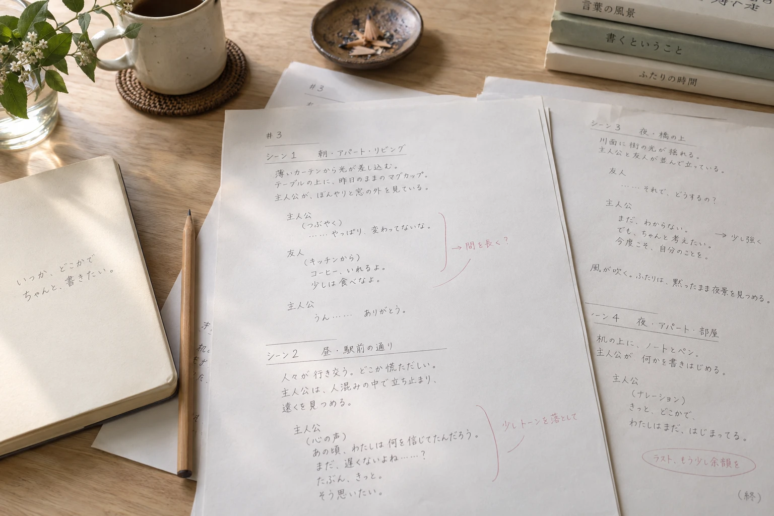 台本とノートから広がる放送・広告・物語創作のイメージ